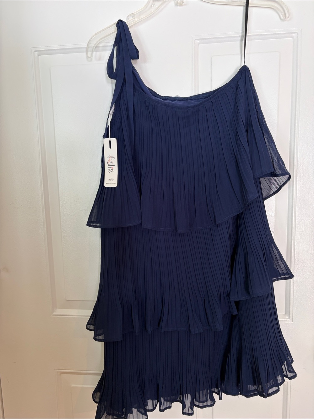 Navy One-Shoulder Ruffled Pleated Ruffle Dress - Picture 1 of 2